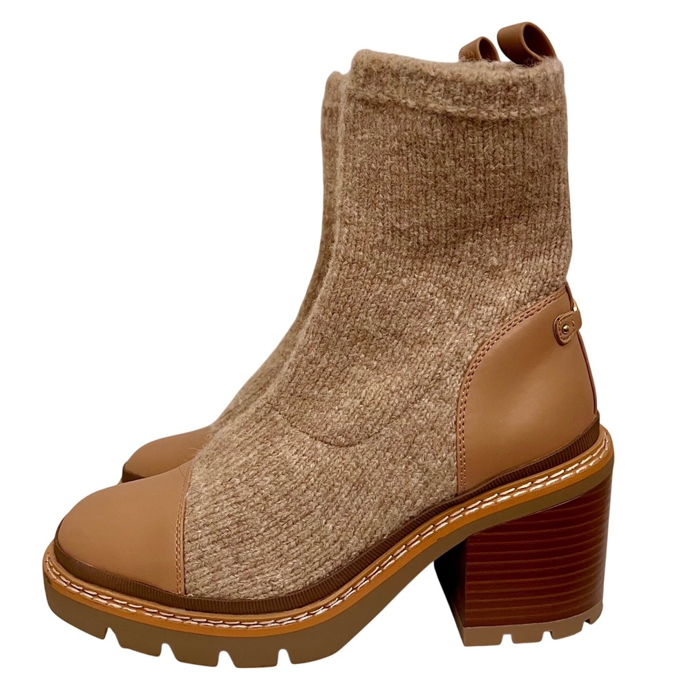 Sam Edelman Rozanna Tan Knit Sock Lug Sole Block Heel Ankle Boots Womens 7.5M
